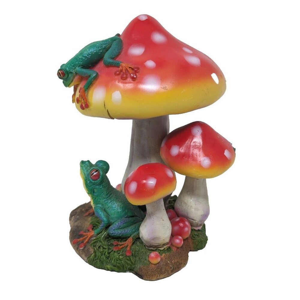 Greations Frog & Mushroom Figurine w/ 3 Red Mushrooms 2 Tree Frogs Resin 2002